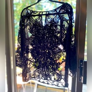 Shear black top with velvet design